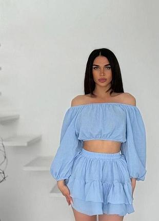 Женский стильный романтичный летний костюм из муслина голубой, 40/42