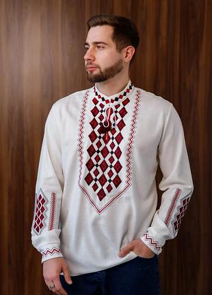 Вышиванка мужская белая с красно-черным орнаметом лен xxl