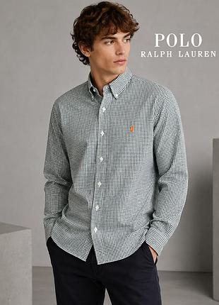 Оригинальное мужское бело зеленая приталенная рубашка с длинным рукавом ralph lauren s