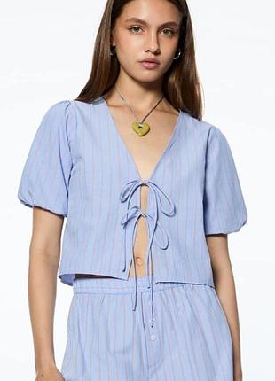 Блуза pull &amp; bear женская голубая в полоску 100% хлопок на завязках m новая с биркой