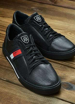 Мужские летние кеды туфли с перфорацией черные натуральная кожа т-5 hilfiger