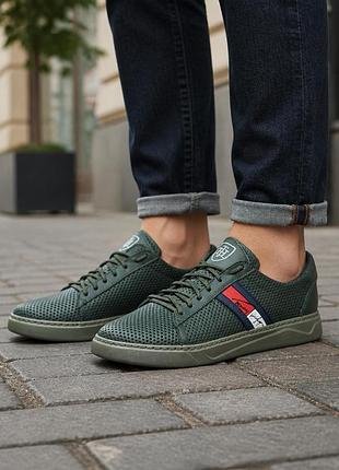 Мужские летние кеды туфли с перфорацией хаки натуральная кожа т-5 hilfiger