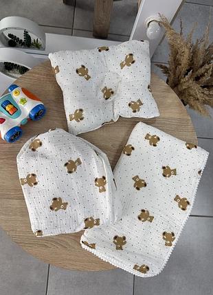 Комплект в детский колясок муслиновый 3 предмета: 4-х слойный плед, ортопедическая подушка, непромокаемая простынь на резинке (од2329)