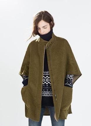 Куртка-накидка zara, оливково-коричневая, цвета верблюжьего меха, цвета экрю, из шерстяной смеси, размер s оверсайз