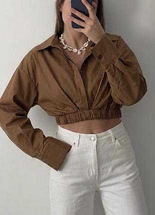 Бавовняна укорочена сорочка кофейного кольору zara