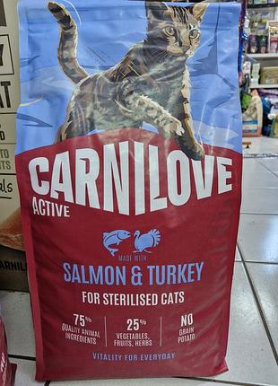 Сухой беззерновой корм carnilove active для стерилизованных котов с лососем и индейкой. карнилав