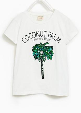 Белая футболка zara с красивой пальмой в паетках на девочку 11-12 лет 152 размер