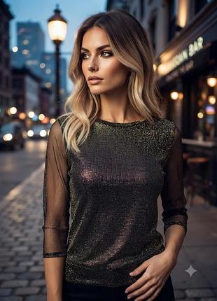 1+1=3.блуза жіноча " чорне золото", на підкладі, стрейч,бренду
"outthentic style", поліестер+люрекс, l.