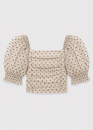 Топ h&m 34 р, xs, s, укороченный, кроптоп, блуза из бежевого тюля в черный горошек, короткие рукава-фонарики, праздничный, эффектный, нарядный топ