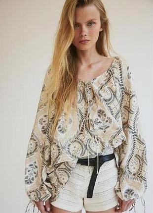 Блуза в стиле бохо h&amp;m / легкая туника с пышными рукавами, шнуровкой и растительно-ориентальным орнаментом, вискоза 89%, размер xs
