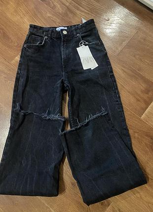 Джинси широкі кльош палаццо подовжені wide leg чорні необроблений низ zara 32