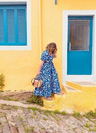 Сукня сарафан плаття міді коттон синє з візерунком zara s 3067/341
