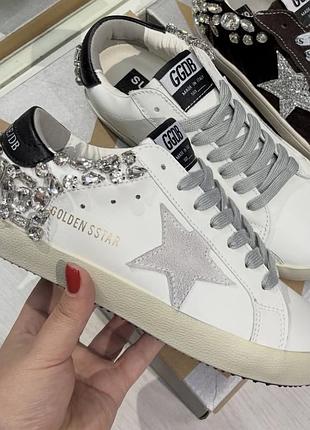 Шкіряні кеди білі в камінцях шикарні люкс golden