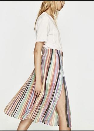 Шифонова плісована спідниця міді zara у різнокольорову смужку, розмір xs