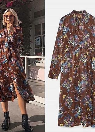 Шелковое платье миди zara сатиновое платье миди с цветочным принтом атласна сукня міді з обʼємними рукавами