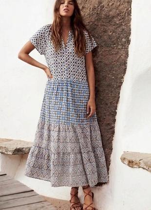 Длинное легкое платье zara из хлопка в стиле печворк размер xs/s 42/44