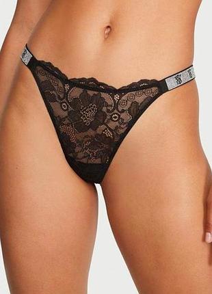 Кружевные черные трусики-стринги (m) very sexy victoria’s secret shine 🎀