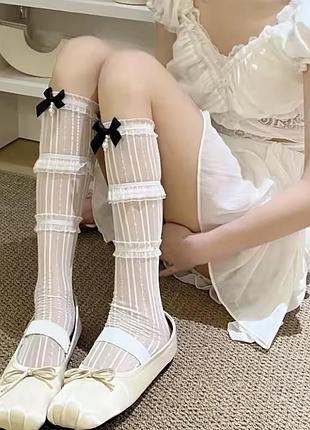Білі високі гольфи з чорним бантиком перлинами coquette lolita