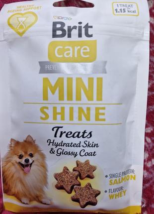 Brit care mini shine treats — це напіввологі функціональні ласощі,  для підтримки здорової шкіри та блискучої шерсті у дорослих собак малих порід.