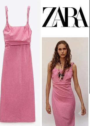 Сукня міді zara в стилі барбі з драпуванням / рожева міді сукня зара barbiecore s-m (бавовна)