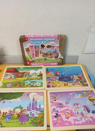 Набор synarry wooden jigsaw puzzle set включает в себя 4 деревянные пазлы со сказочными сюжетами о принцессах и единорогах,