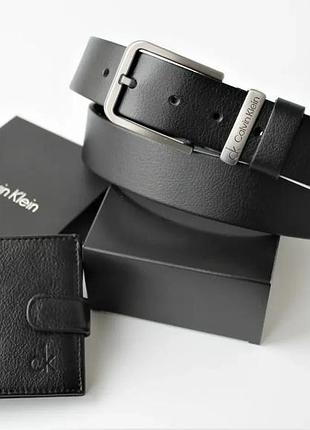 Чоловічий шкіряний подарунковий набір calvin klein ремінь і гаманець total black