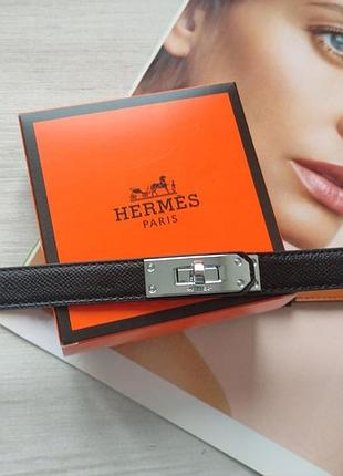 Трендовый кожаный узкий ремень herme black/silver