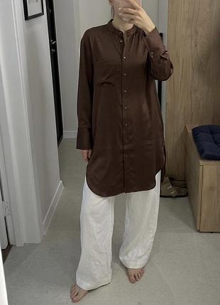 Сатиновая шоколадная удлиненная рубашка / платье h&amp;m