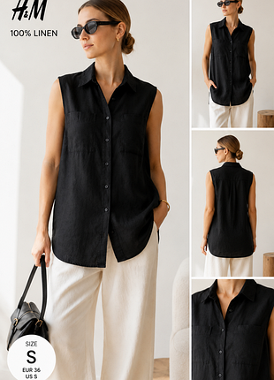 H&amp;m 100% льон 🌿 черная удлиненная рубашка без рукавов s (eur 36)