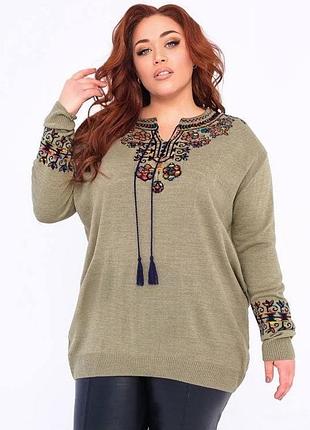Джемпер с вышиванкой хаки, 60-70, 2xl-4xl
