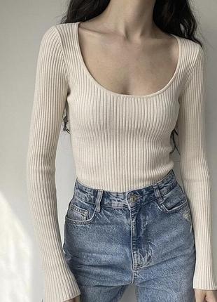 Новий кремовий лонгслів в рубчик з необробленими краями zara