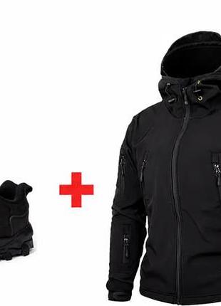 Демисезонный костюм softshell на флисе черный + водонепроницаемые кроссовки esdy на автошнуровке