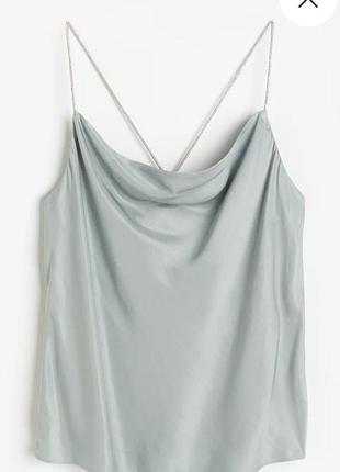 Новий.сатинова майка h&m rhinestone-strap cami top solid blue grey оригінал.зі свіжих колекцій.