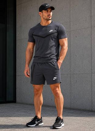 Чоловічий літній костюм nike tech комплект шорти футболка найк теч літо бавовна сірий s m l xl xxl