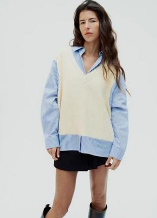 Комбінована сорочка в смужку zara з вязаною жилеткою, вільного крою