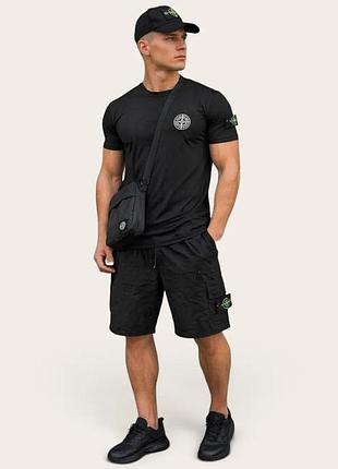 Чоловічий літній костюм stone island комплект шорти футболка літо бавовна чорний s m l xl xxl