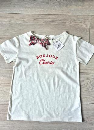 Новая футболка zara kids «bonjour cherie» с бантом, р. 140 (9-10 лет)