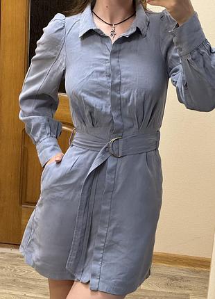 Сукня-сорочка zara з вшитим поясом, розмір xs (eur 34), сіро-блакитна