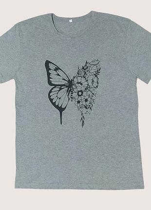 Женская футболка серая с принтом бабочка, хлопок, размеры l xl 2xl 3xl