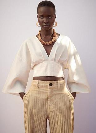 Zara стильная льняная блузка укороченная цвет беж с удлиненным рукавом в идеале размер 44 s🔥