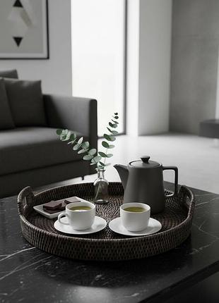 Таця кругла з ручками плетена з ротанга, 40*4/8 см, nd-71036-black nai