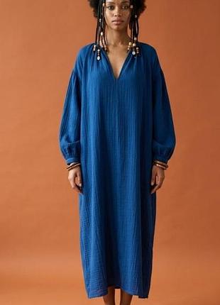 Платье миди h&amp;m синего цвета муслина хлопок насыщенного синего цвета размер s/м