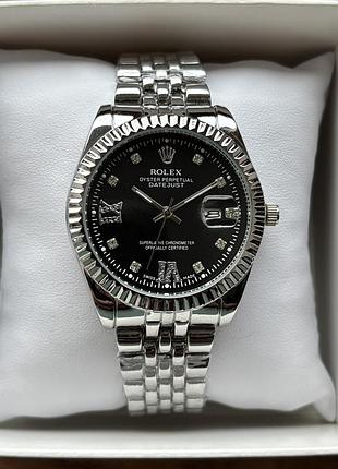 Хит! женские часы на браслете rolex серебристого цвета с черным циферблатом