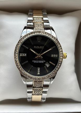 Хіт! жіночий годинник на браслеті rolex комбінованого кольору з чорним циферблатом
