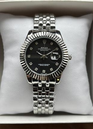 Хит! женские часы на браслете rolex серебристого цвета с черным циферблатом