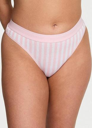 Жіночі трусики стрінги victoria's secret (329425480925) logo cotton thong m рожеві (смужка)