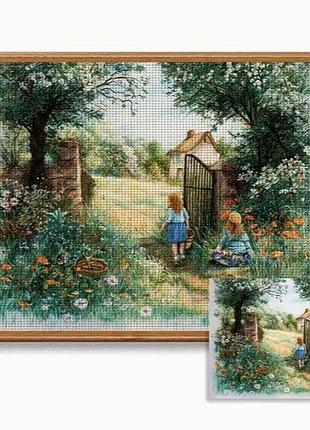 Набор для вышивки крестом jozysh «девчонки у ворот» 14ct, 30x40 см, канва аида с нанесенным рисунком