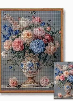 Набор для вышивки крестом jozysh "натюрморт в голубой везе" 14ct, 30x40 см, канва аида с нанесенным рисунком