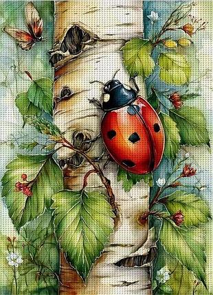 Набор для вышивки крестом jozysh «красная божья коровка на березе» 14ct, 30x40 см, канва аида с нанесенным рисунком