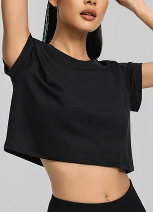 Укорочена бавовняна чорна футболка zara